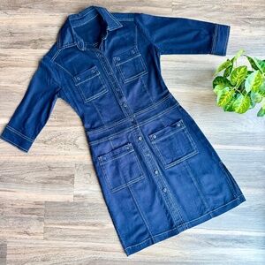Dark Wash Denim Button-Up Utility Dress – Shirt Dress – Size S